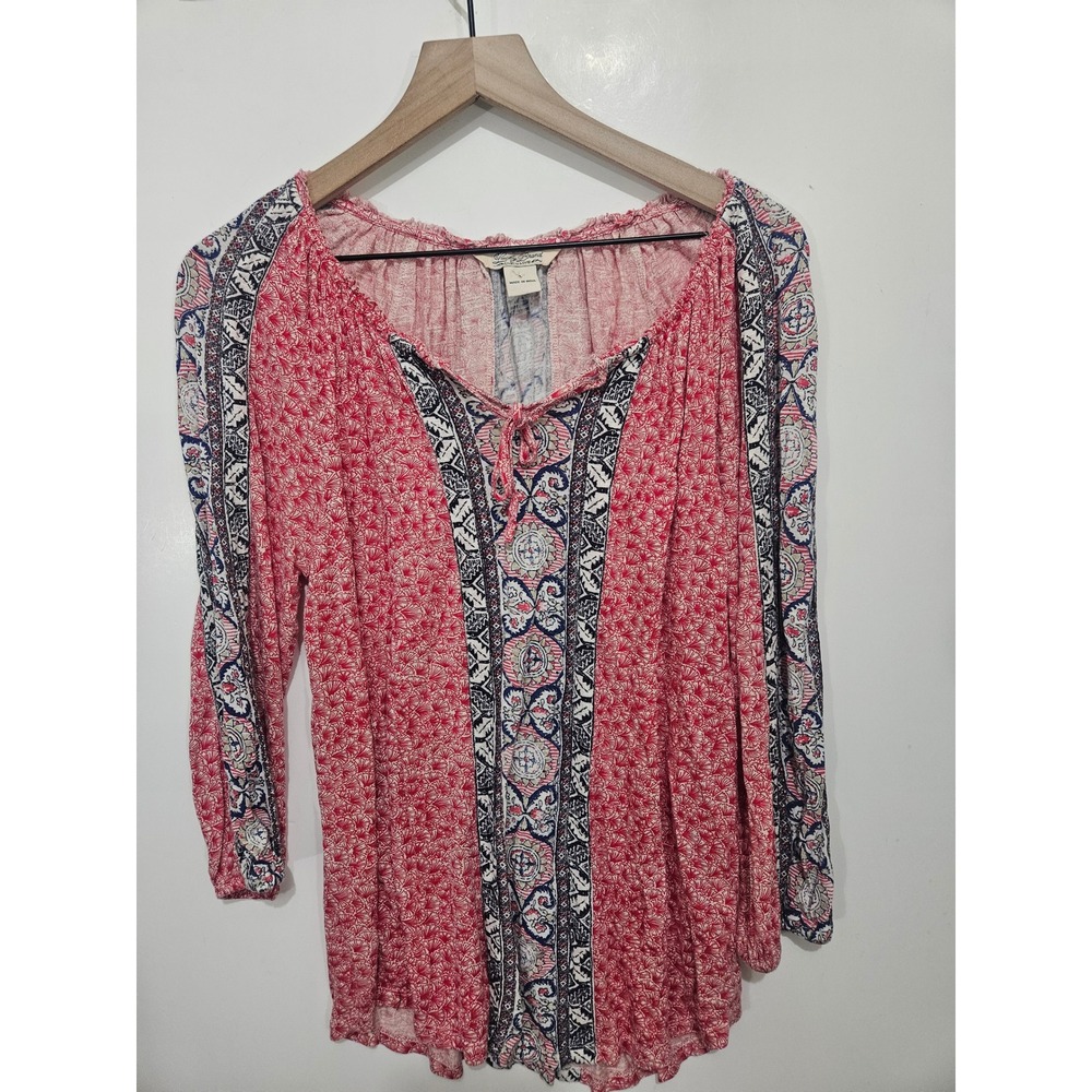 Lucky Brand Peasant Top L Red Blue Mixed Print Boho Tie Neck Tunic